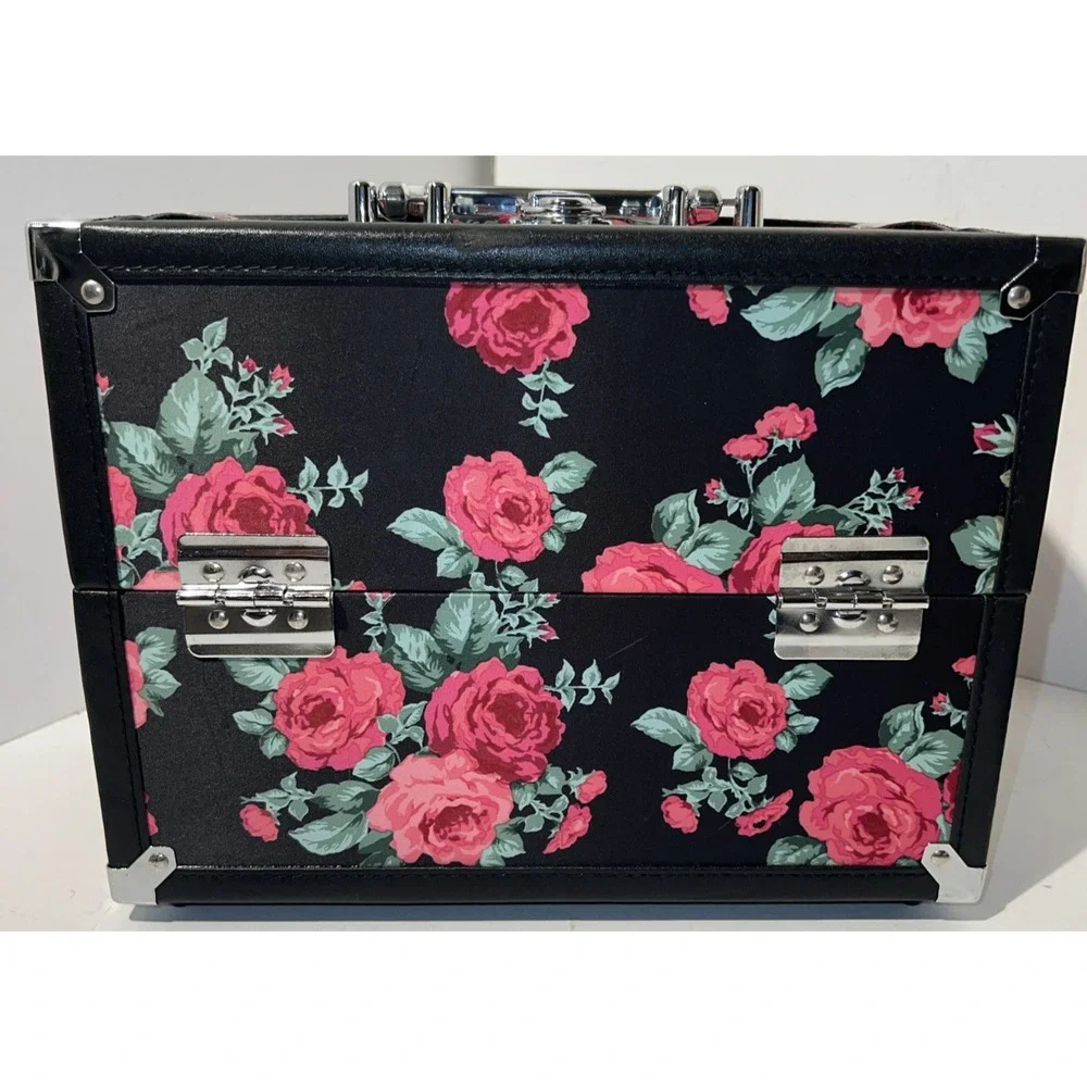 Make-up‎ 2 Tiered Shelves Travel Case Hardshell Black Roses